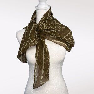 Vintage Sheer Square Scarf Khaki Green Batik Print Oversized Shawl Wrap